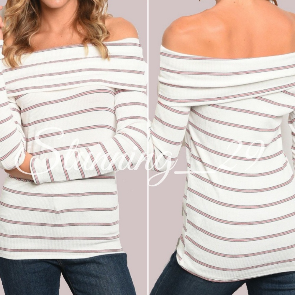 IVORY STRIPED OFF SHOULDER FOLD OVER RIBBED TOP